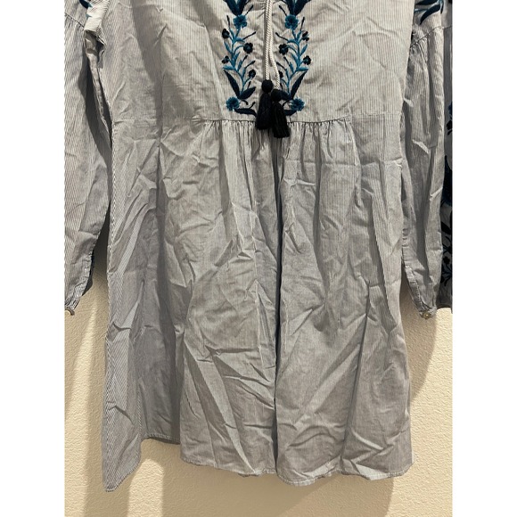 Zara Kaftan Top Womens M Stripe‎ Cotton Boho Gypsy Tassel Embroidered Blue NWT - Picture 5 of 16